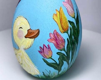 Hand Painted Easter Egg, Chick Sniffin' Tulips