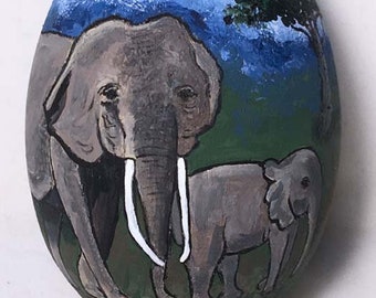 Elephant and Calf, hand painted egg