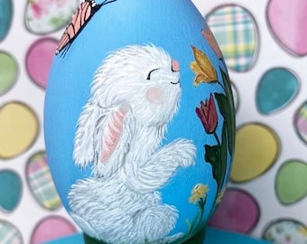Hand Painted Easter Egg, Bunny Sniffing Tulips