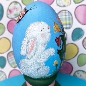 Hand Painted Easter Egg, Bunny Sniffing Tulips