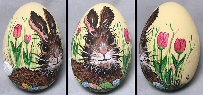 Easter Egg, hand painted Bunny in Tulips image 1
