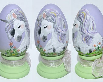 Easter Egg, Hand Painted, Unicorn in Flowers