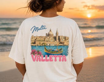 Camiseta de viagem para Valletta, Malta, camiseta vintage de férias em Malta, camiseta com estampa de verão no litoral mediterrâneo, presente para viajantes pela Europa