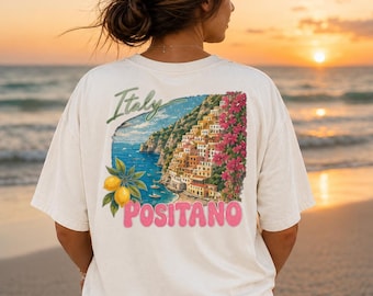 Camiseta de viagem para Positano, Itália, camiseta vintage de férias na Costa Amalfitana, camiseta com estampa de verão italiano, presente para férias no Mediterrâneo