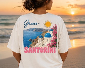 Camiseta de viagem para Santorini, Grécia, camiseta vintage para férias na ilha grega, camiseta com estampa de verão mediterrâneo, presente para férias na Europa