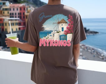 Camiseta de viagem para Mykonos, Grécia, camiseta vintage de férias na ilha grega, camiseta com estampa de verão mediterrâneo, ideia de presente para amantes da praia