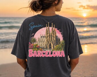 Camiseta de viagem para Barcelona, Espanha, camiseta vintage de férias na Espanha, camiseta gráfica de verão inspirada na Sagrada Família, presente de viagem para cidades europeias