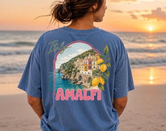 Camiseta de viagem para Amalfi, Itália, camiseta vintage para férias na Costa Amalfitana, camiseta com estampa de limão para o verão, presente mediterrâneo