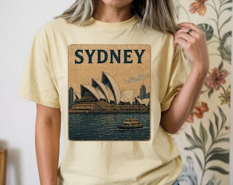 Camiseta vintage de viagem a Sydney, camiseta com estampa da Ópera de Sydney, camiseta de férias na Austrália, lembrancinha turística retrô.