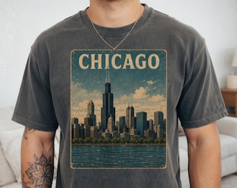 Camiseta Vintage de Viagem a Chicago, Camiseta com Estampa do Horizonte de Chicago, Camiseta da Cidade de Illinois, Lembrança Turística Retrô para Viajantes