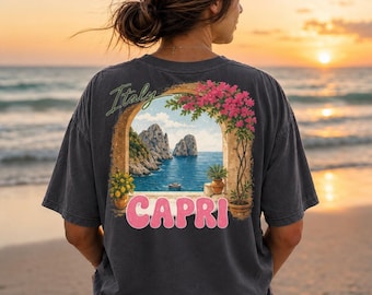 Camiseta de viagem para Capri, Itália, camiseta vintage de férias na ilha italiana, camiseta com estampa de verão no litoral mediterrâneo, presente para a Europa