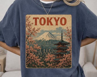 Camiseta Vintage de Viagem a Tóquio, Camiseta com Estampa do Japão, Camiseta com Flor de Cerejeira no Monte Fuji, Lembrança Turística Retrô, Camiseta de Viagem ao Japão