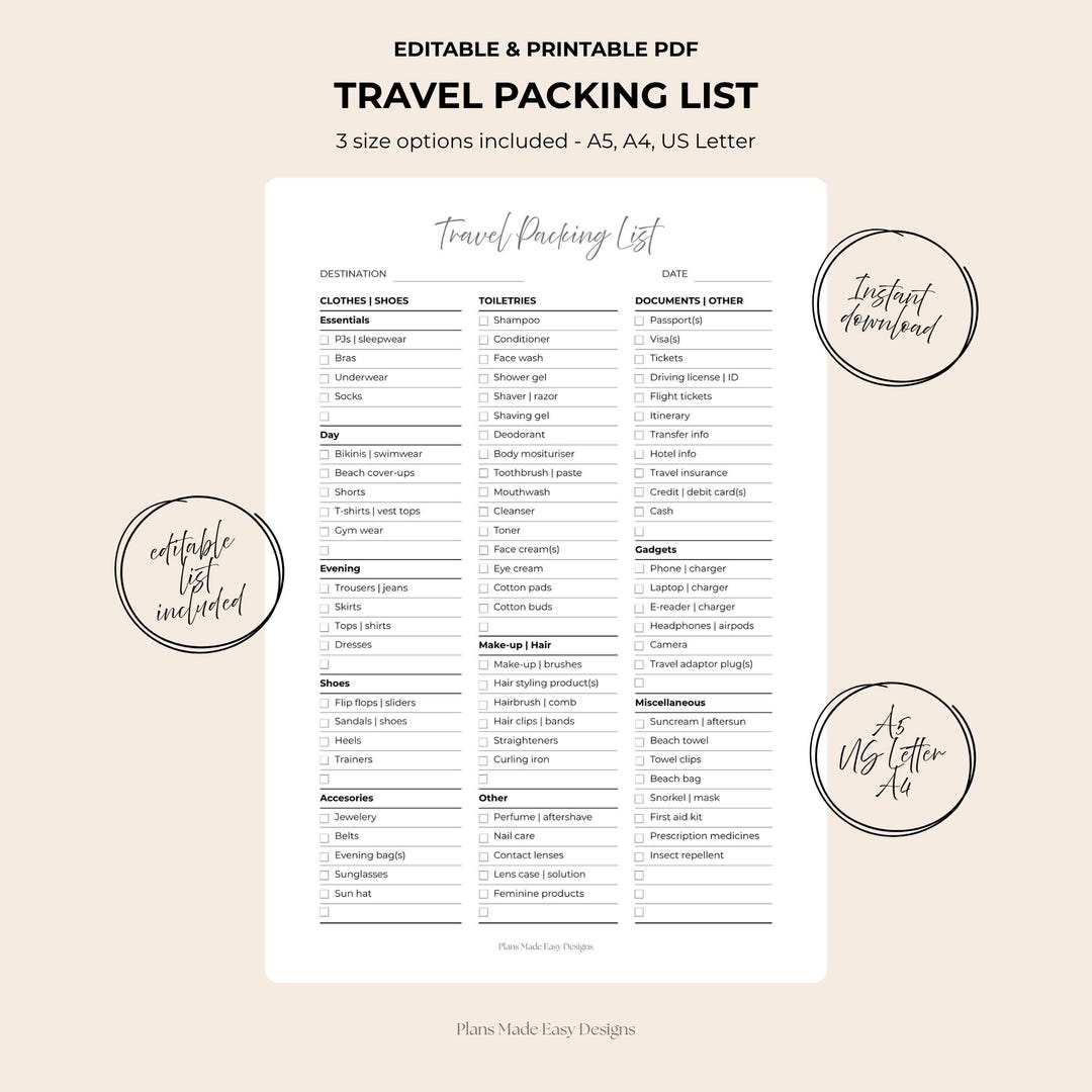 Editable Printable Travel Packing List | (instant Download PDF) - Etsy ...