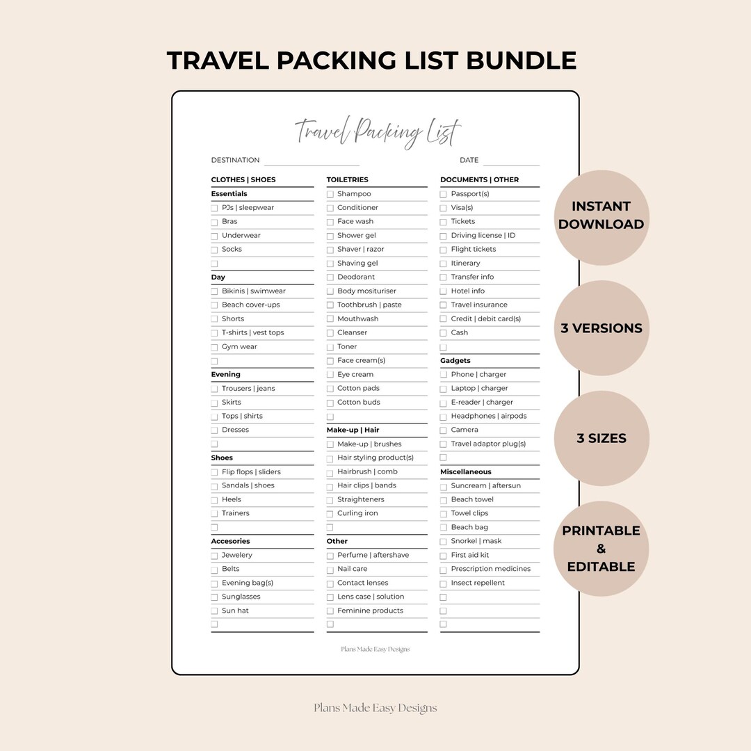 Bundle. List Travel Packing List Bundle | Digital Download | Editable and Printable ...
