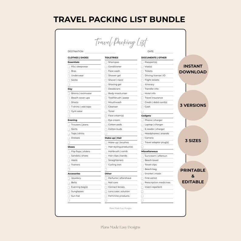 Travel Packing List Bundle | Digital Download | Editable and Printable ...