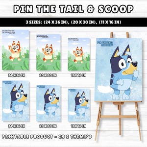 Puede incluir: Arte mural imprimible con dos temas: el juego "Pin the Tail" con Bluey y un personaje con un cono de helado. Disponible en tres tamaños: 61 x 91 cm, 51 x 76 cm y 28 x 41 cm. El tema de Bluey se muestra en un caballete.