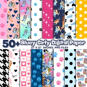 May include: A collection of digital papers with various patterns, including paw prints, hearts, and polka dots. The papers feature characters from the animated series "Bluey" and the text "50+ Bluey Girly Digital Paper". Each paper measures 12 x 12 inches.