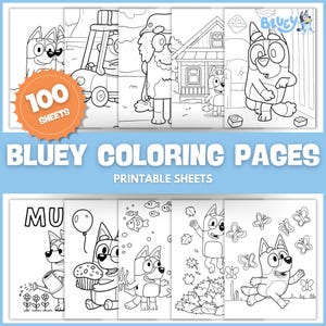 May include: A collection of Bluey coloring pages featuring various scenes and characters from the animated series. The image includes the text "100 SHEETS" and "BLUEY COLORING PAGES PRINTABLE SHEETS". The pages are black and white line drawings.
