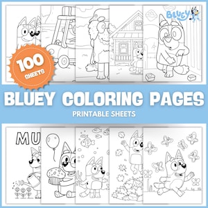 Pode incluir: Uma coleção de 100 páginas para colorir da Bluey imprimíveis, apresentando ilustrações em preto e branco da personagem Bluey em várias cenas, incluindo brincar com um balão, jardinagem e interagir com borboletas e peixes.