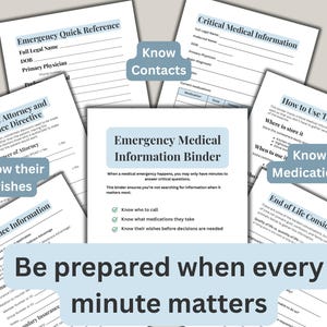 May include: An emergency medical information binder with various forms, including critical medical information, power of attorney, and insurance details. The binder helps to organize vital health information for emergencies. Text on the image reads: "Be prepared when every minute matters."