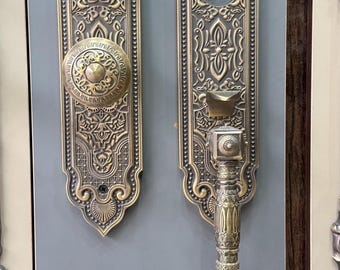 Juego de cerradura y manija de puerta antigua ornamentada, herrajes de puerta de entrada grabados de estilo vintage, manija de puerta principal de latón macizo de lujo, juego de cerradura decorativa clásica