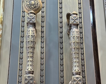 Juego de cerradura y manija de puerta de latón antiguo, herrajes de entrada vintage ornamentados, manija de puerta principal de latón macizo de lujo, cerradura de puerta decorativa clásica