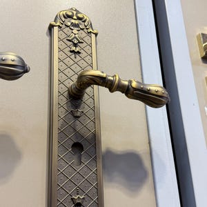 Conjunto de fechadura com maçaneta de porta clássica vintage, placa longa, ferragens para porta de entrada, maçaneta decorativa de latão maciço para porta frontal, estilo antigo.