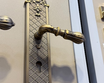 Juego de cerradura y manija de puerta clásica vintage, placa larga, herrajes para puerta de entrada, manija decorativa de latón macizo para puerta principal, juego de manijas de estilo antiguo.