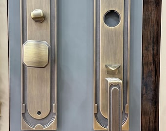 Juego de cerradura y manija de puerta geométrica moderna con placa larga, herrajes para puerta de entrada de latón macizo, manija de puerta principal de lujo, juego de manijas minimalistas