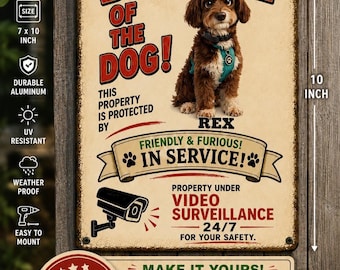 Custom Beware of Dog Sign with Pet Photo, Personalized Cartoon Portrait, Funny Dog Warning Metal Sign, Outdoor Gift for Dog Lovers
