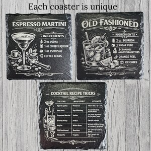 May include: Three black slate coasters with white text and illustrations. One coaster features an Espresso Martini recipe, another an Old Fashioned recipe, and the third lists cocktail recipe tricks. The text "Each coaster is unique" is at the top.
