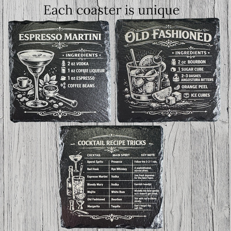 May include: Three black slate coasters with white text and illustrations. One coaster features an Espresso Martini recipe, another an Old Fashioned recipe, and the third lists cocktail recipe tricks. The text "Each coaster is unique" is at the top.