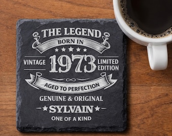 Personalized Slate Coaster – Custom Date & Name – Laser Engraved Stone Coaster – Father's Day Gift