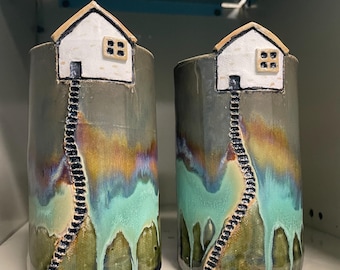 Handbuilt Pottery Vase: Whimsical House on Hill with Staircase – Made to order by Sarah