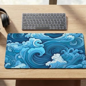 Tapis de bureau japonais Vagues bleues - Tapis de souris de jeu de style anime, accessoire en caoutchouc antidérapant