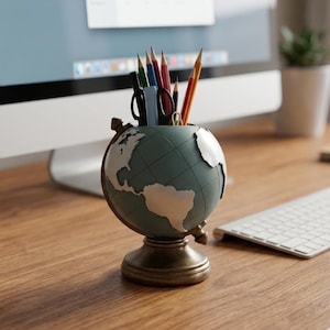 Puede incluir: Un portalápices con forma de globo terráqueo en tonos verdes y marrones, que contiene lápices y tijeras. Se encuentra sobre un escritorio de madera junto a un ordenador y un teclado. El globo tiene continentes blancos.