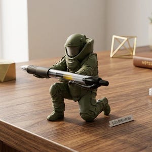 Puede incluir: Una figura verde de un experto en desactivación de explosivos arrodillado y sosteniendo un bolígrafo negro y plateado. La figura está sobre un escritorio de madera, con un pequeño letrero que dice "EOD SPECIALIST".