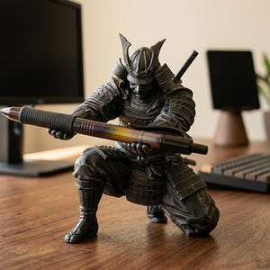 Op de afbeelding: Een bronzen samoerai-beeldje dat een pen vasthoudt. De samoerai zit op zijn knieën en draagt gedetailleerde bepantsering en een helm. De pen heeft een zwarte grip en een kleurrijke schacht. De achtergrond omvat een computermonitor, tablet, toetsenbord en een plant.