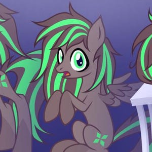 May include: A digital illustration featuring three poses of a grey pony with a vibrant green striped mane and tail. The pony has a four-pointed star cutie mark on its flank. One pose shows the pony standing, another sitting, and one resting its head on a white table.