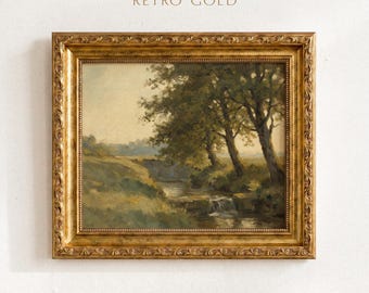 Vintage Landscape Oil Painting Print | Country Stream and Trees Wall Art | Antique Nature Scene | Rustic Living Room Decor