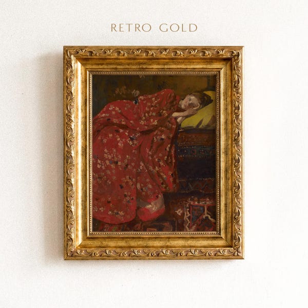 Vintage Woman in Red Kimono Print, Moody Victorian Bedroom Art, Dark Academia Portrait Gift, Oil Painting Style Wall Decor