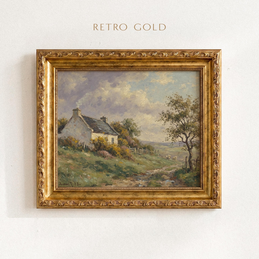 Vintage Country Cottage Painting Print | Rustic Farmhouse Landscape Wall Art | French Coun