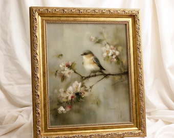 Vintage Bird Painting Print, Songbird on Cherry Blossom Branch, Spring Floral Wall Art, Cottagecore Decor | Antique Oil Painting Style