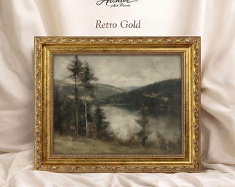 Vintage Landscape Art Print Framed Gold Frame Mountain Scene Lake View Nature Artwork Traditional Decor Bedroom Rustic Cabin Elegant