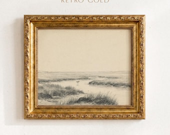Vintage Marsh Landscape Sketch Print | Coastal Wetland Drawing | Muted Neutral Wall Art | Farmhouse Living Room Decor | Printable Art