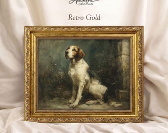 May include: A framed vintage painting titled "Retro Gold" features a dog with brown and white fur, set against a muted green and blue background. The ornate gold frame adds a classic touch to the artwork.