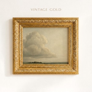 May include: An antique landscape painting in a decorative gold frame, depicting a cloudy sky over a distant treeline. The words "VINTAGE GOLD" are printed above the frame. The frame has an ornate design.
