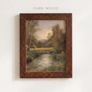 Puede incluir: Una pintura de paisaje enmarcada con un marco de madera oscura. La obra de arte representa una serena escena de río con árboles, orillas cubiertas de hierba y una cordillera distante. El texto "DARK WOOD" está en la parte superior.