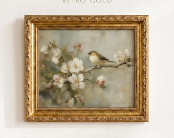 Vintage Bird on Cherry Blossom Branch Painting | Antique Spring Floral Art Print | Cottagecore Wall Decor | Farmhouse Bird Print