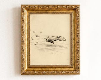 Dog with Zoomies | Vintage Dog Print Running Dog Sketch Wall Art Print Dog Art Autumn Wall Drawing Framed Pet Art Pen Ink Illustration